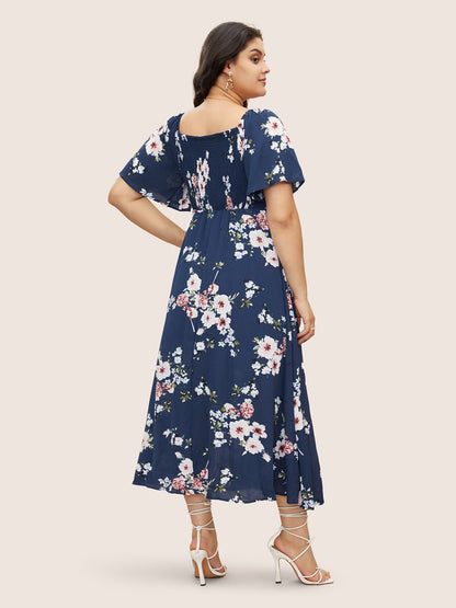 Floral Square Neck Ruffles Pocket Shirred Split Dress