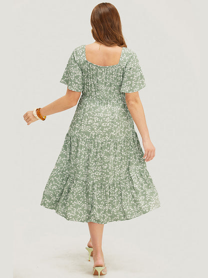 Ditsy Floral Drawstring Ruched Pocket Ruffle Tiered Dress