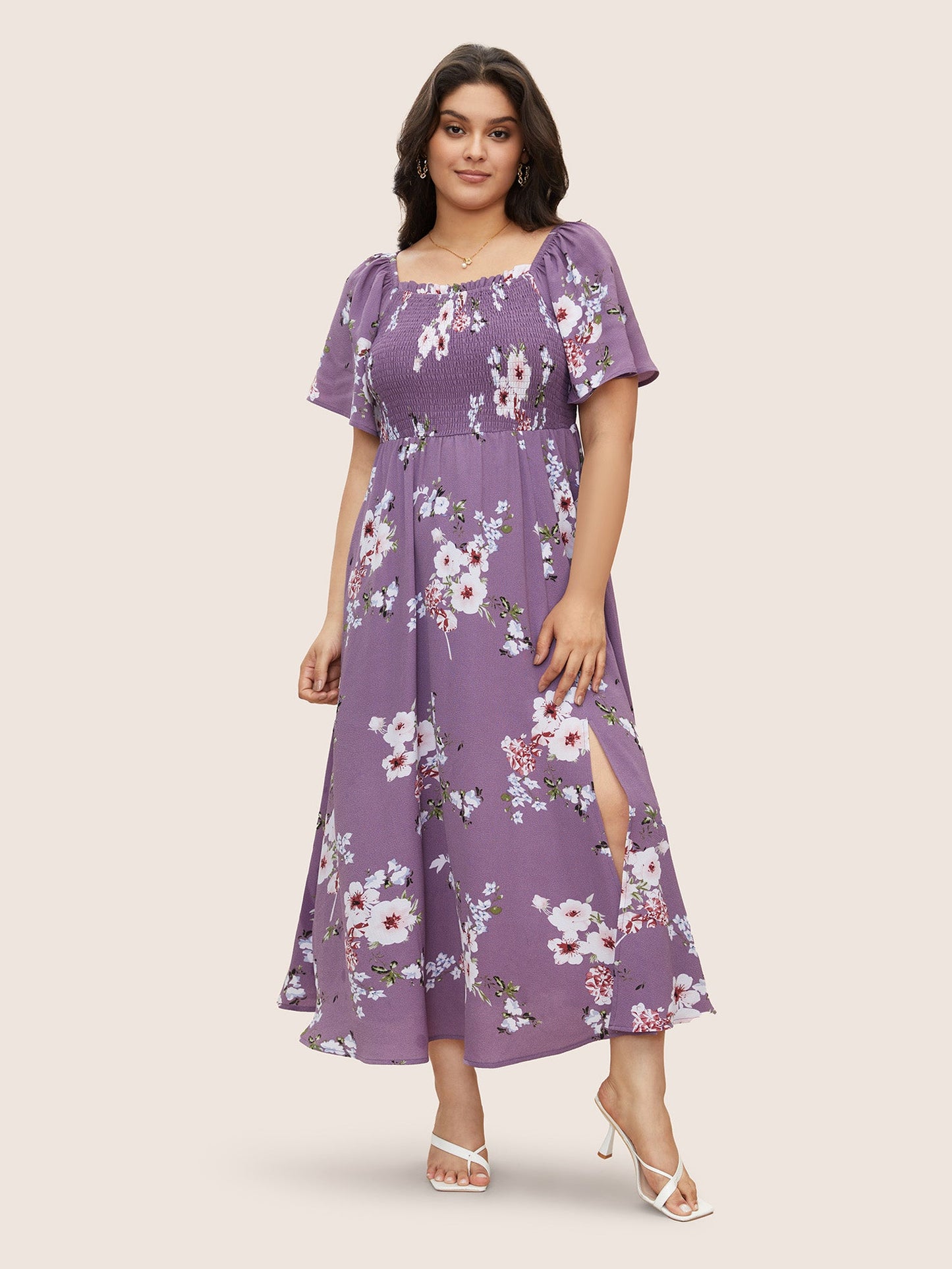 Floral Square Neck Ruffles Pocket Shirred Split Dress