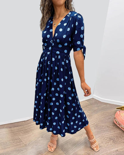 Deep V-neck polka-dot dress