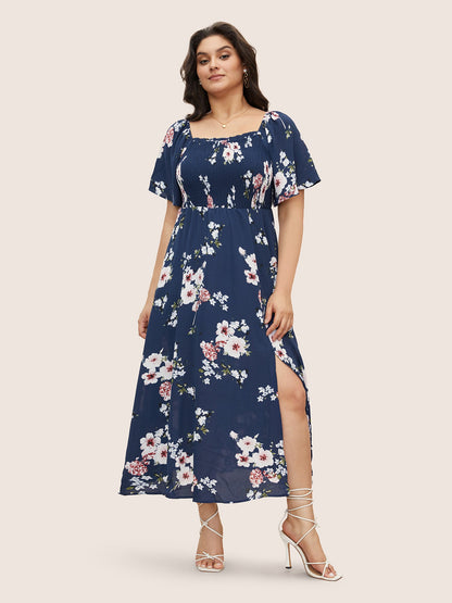 Floral Square Neck Ruffles Pocket Shirred Split Dress