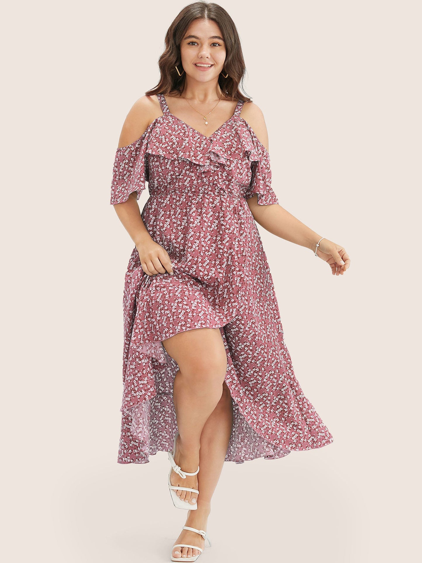 Ditsy Floral Pocket Wrap Cold Shoulder Ruffle Dress