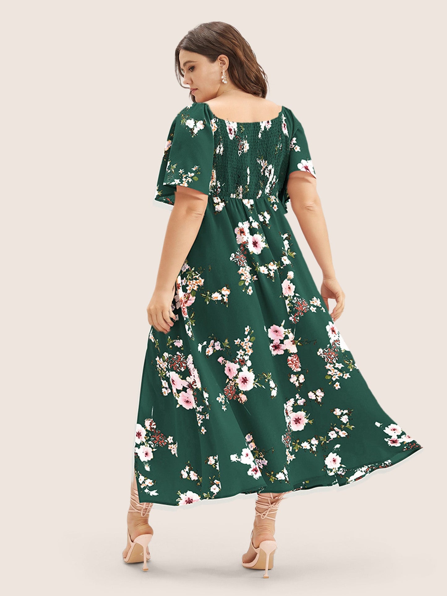 Floral Square Neck Ruffles Pocket Shirred Split Dress