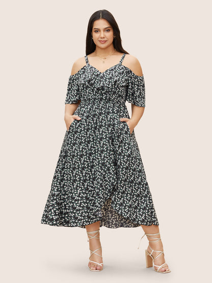 Ditsy Floral Pocket Wrap Cold Shoulder Ruffle Dress