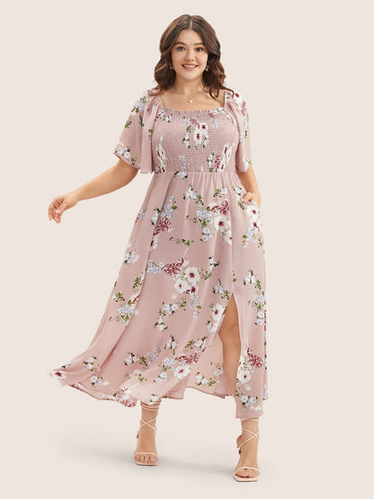 Floral Square Neck Ruffles Pocket Shirred Split Dress