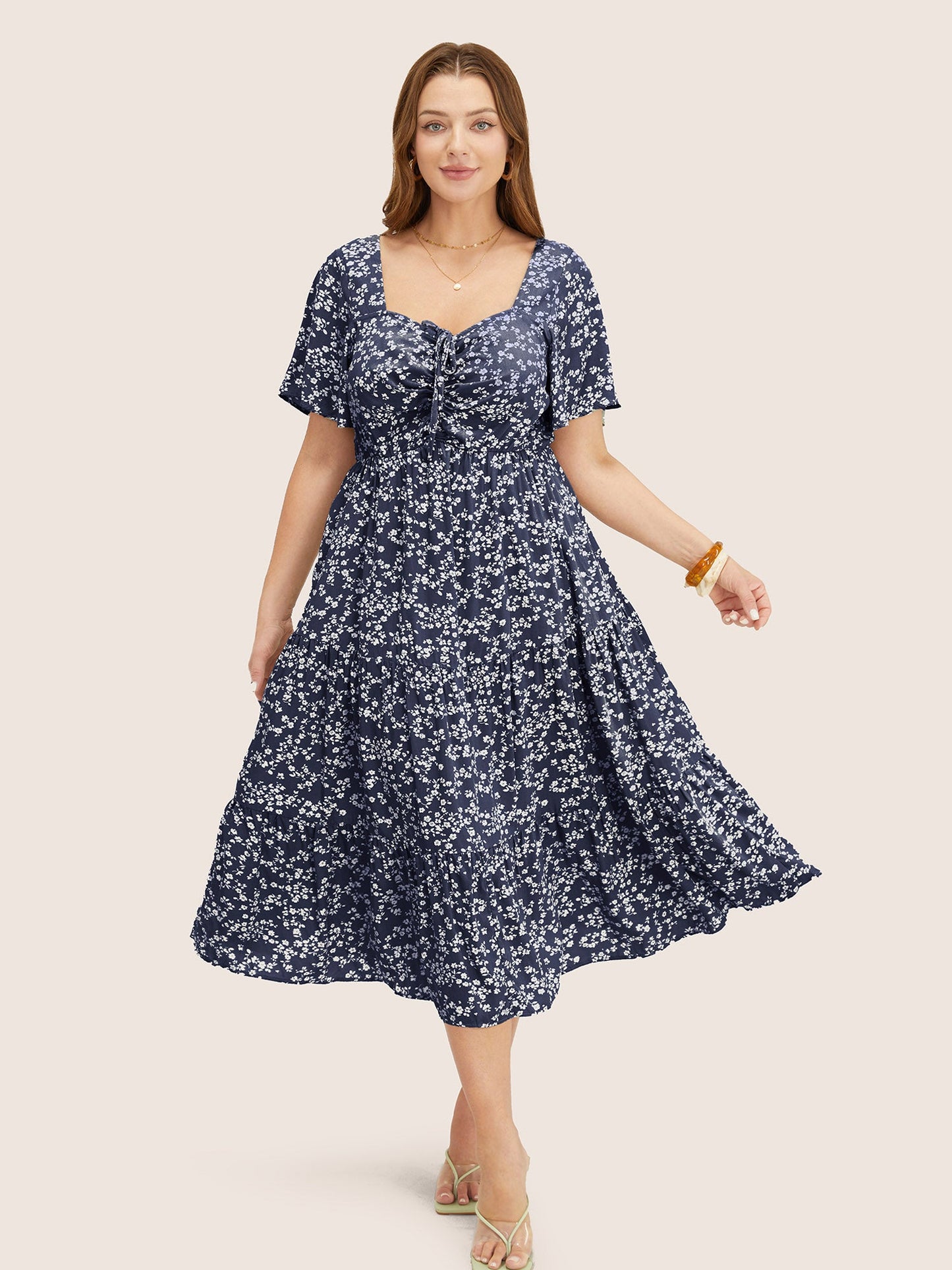 Ditsy Floral Drawstring Ruched Pocket Ruffle Tiered Dress