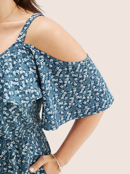 Ditsy Floral Pocket Wrap Cold Shoulder Ruffle Dress