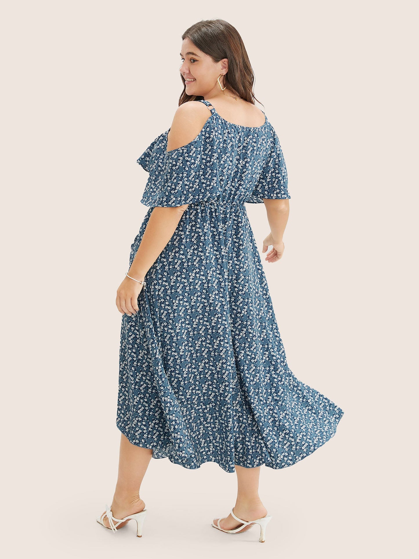 Ditsy Floral Pocket Wrap Cold Shoulder Ruffle Dress