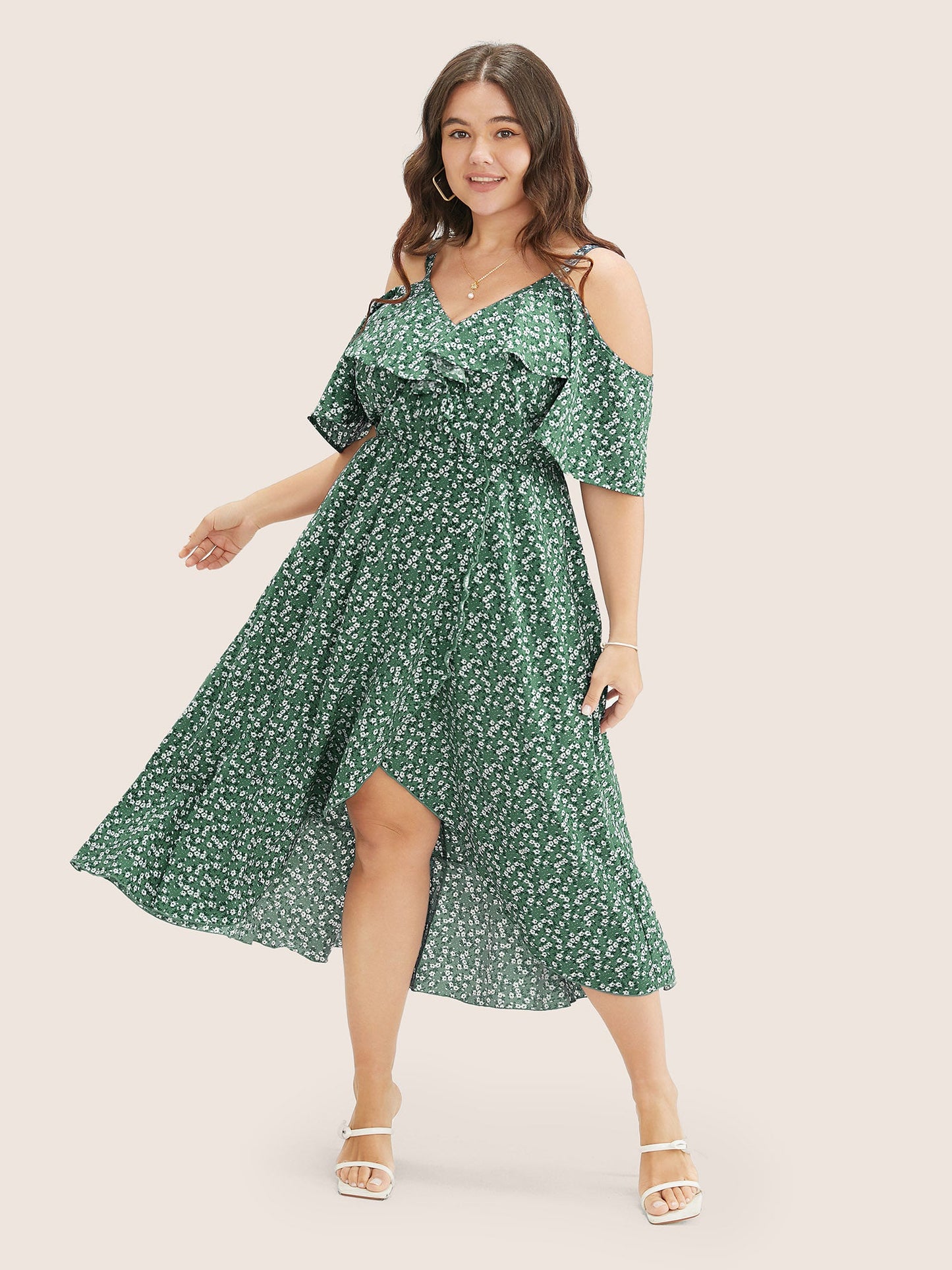 Ditsy Floral Pocket Wrap Cold Shoulder Ruffle Dress