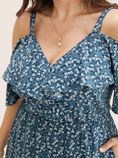 Ditsy Floral Pocket Wrap Cold Shoulder Ruffle Dress