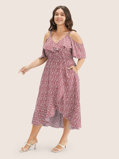 Ditsy Floral Pocket Wrap Cold Shoulder Ruffle Dress