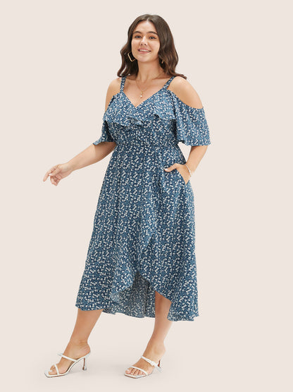 Ditsy Floral Pocket Wrap Cold Shoulder Ruffle Dress