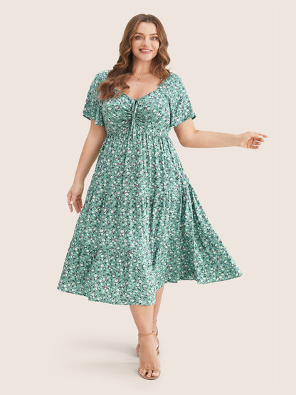 Ditsy Floral Drawstring Ruched Pocket Ruffle Tiered Dress