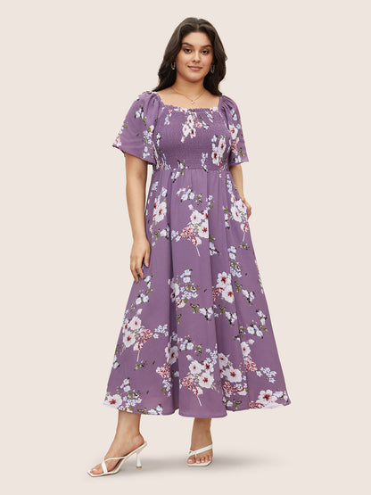 Floral Square Neck Ruffles Pocket Shirred Split Dress