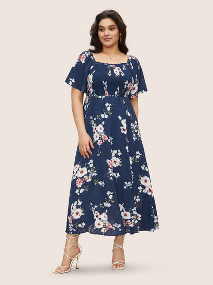 Floral Square Neck Ruffles Pocket Shirred Split Dress