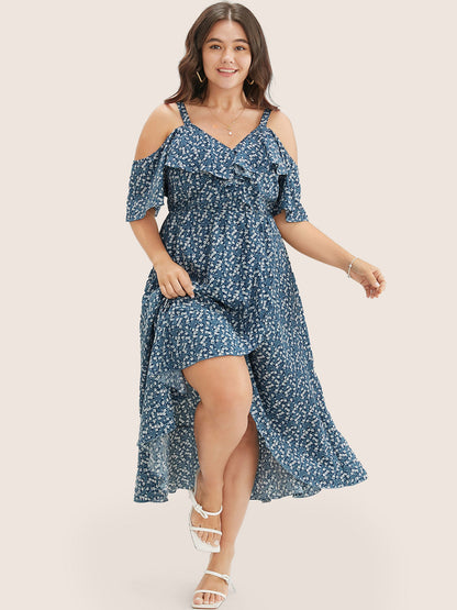 Ditsy Floral Pocket Wrap Cold Shoulder Ruffle Dress