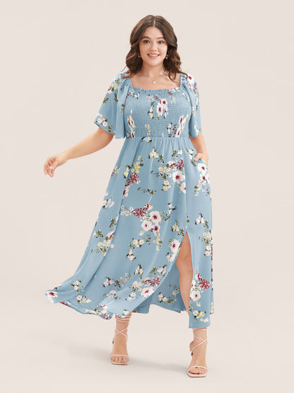 Floral Square Neck Ruffles Pocket Shirred Split Dress