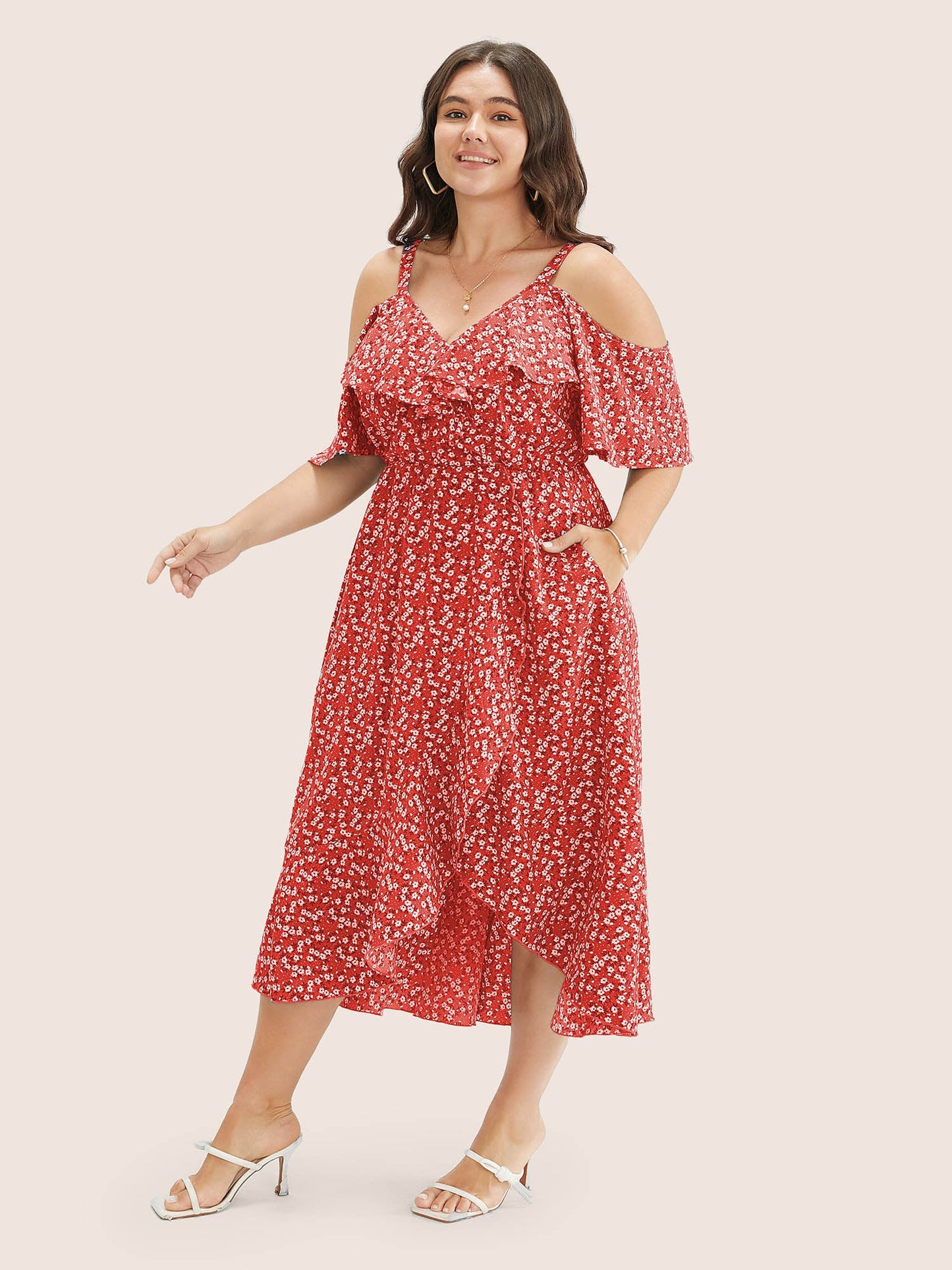 Ditsy Floral Pocket Wrap Cold Shoulder Ruffle Dress