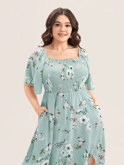 Floral Square Neck Ruffles Pocket Shirred Split Dress