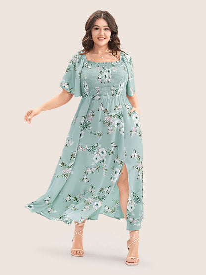 Floral Square Neck Ruffles Pocket Shirred Split Dress