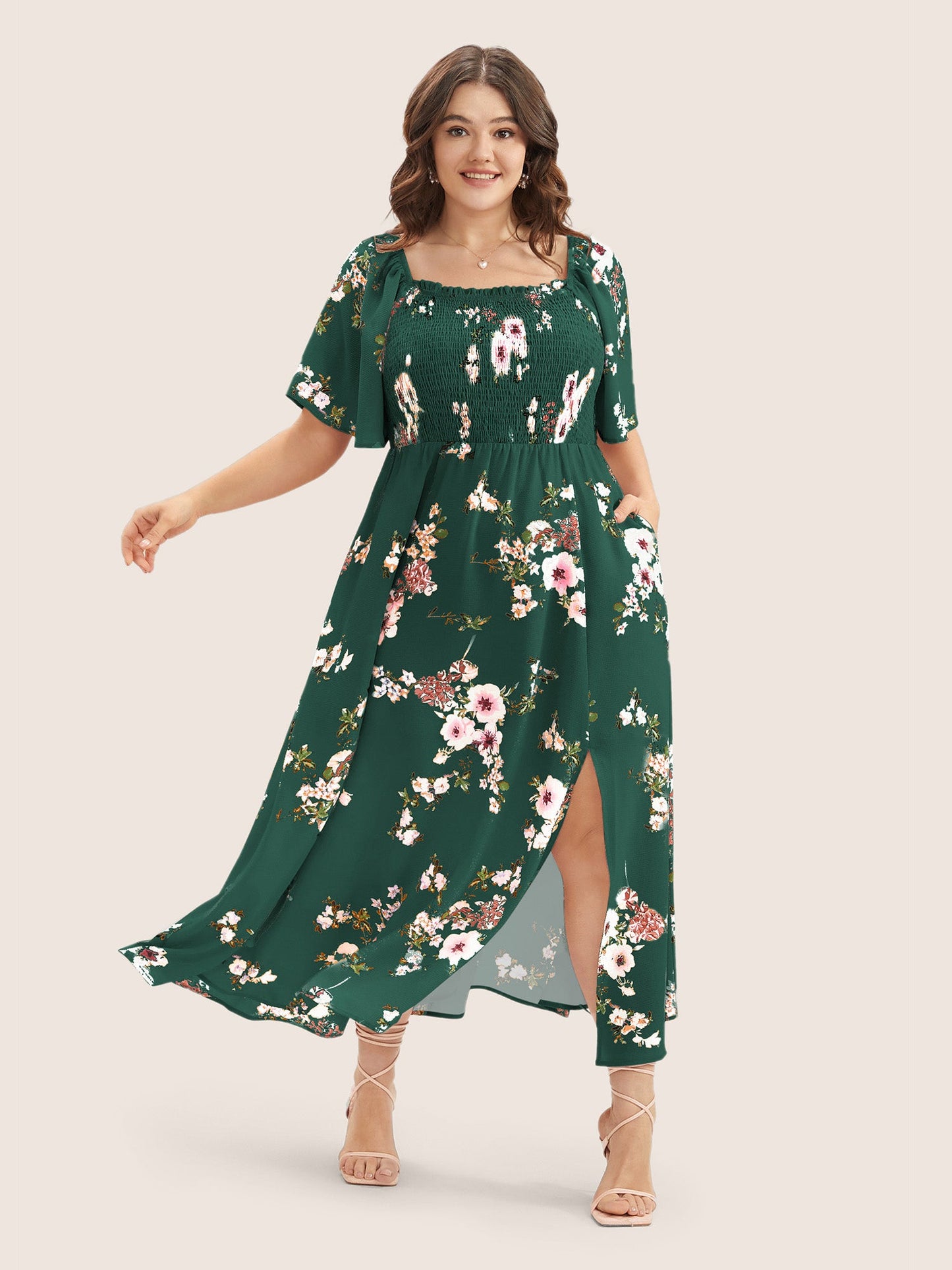 Floral Square Neck Ruffles Pocket Shirred Split Dress