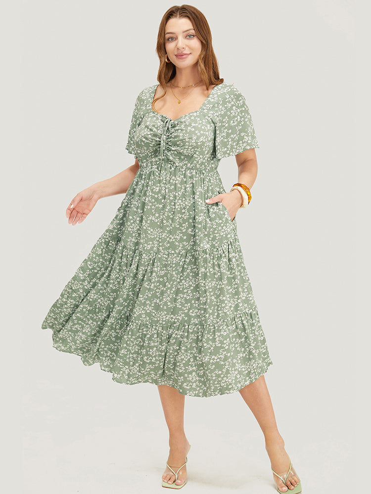 Ditsy Floral Drawstring Ruched Pocket Ruffle Tiered Dress