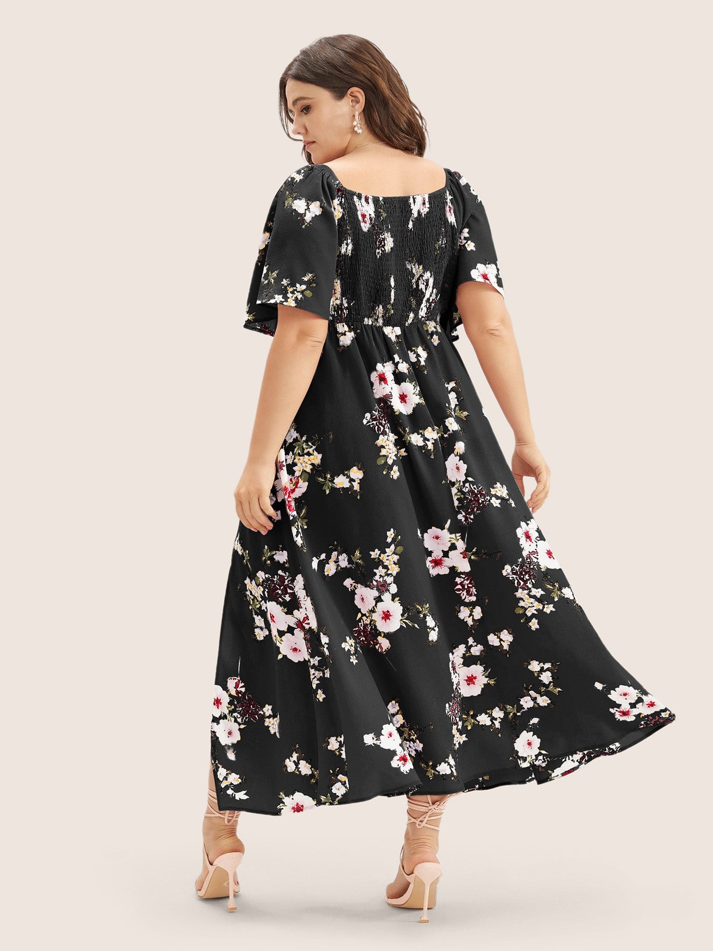 Floral Square Neck Ruffles Pocket Shirred Split Dress