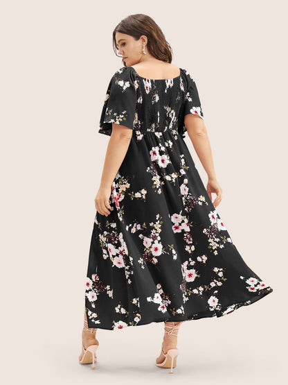 Floral Square Neck Ruffles Pocket Shirred Split Dress