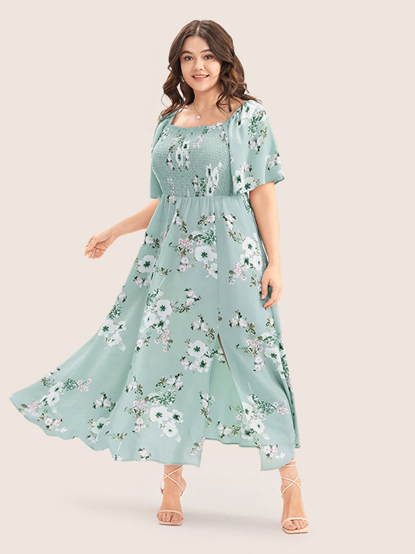 Floral Square Neck Ruffles Pocket Shirred Split Dress