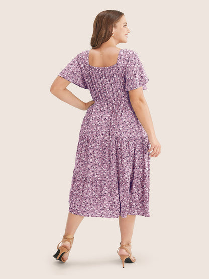 Ditsy Floral Drawstring Ruched Pocket Ruffle Tiered Dress