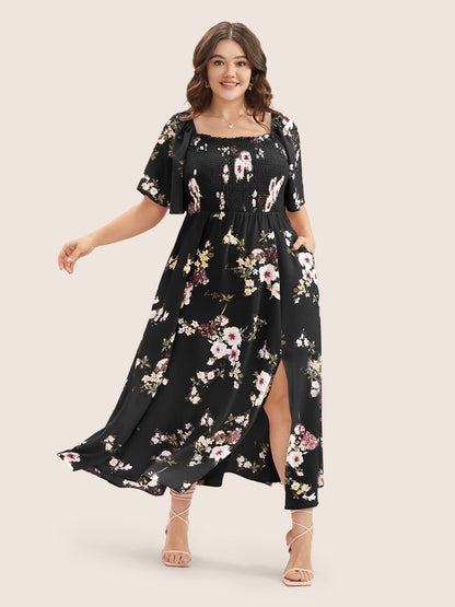 Floral Square Neck Ruffles Pocket Shirred Split Dress