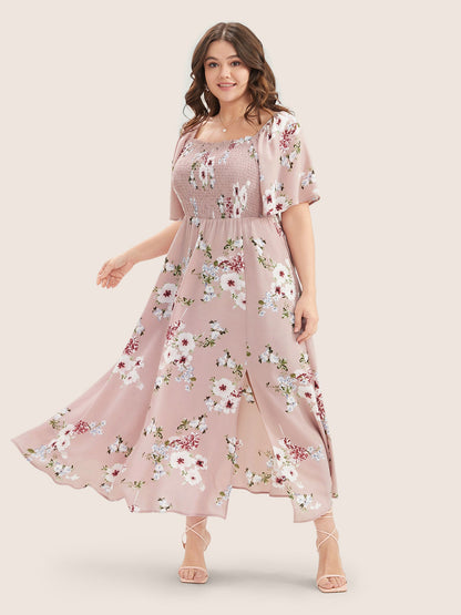 Floral Square Neck Ruffles Pocket Shirred Split Dress