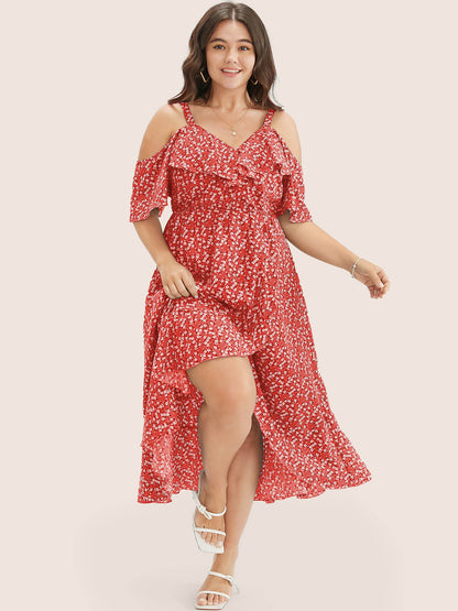 Ditsy Floral Pocket Wrap Cold Shoulder Ruffle Dress