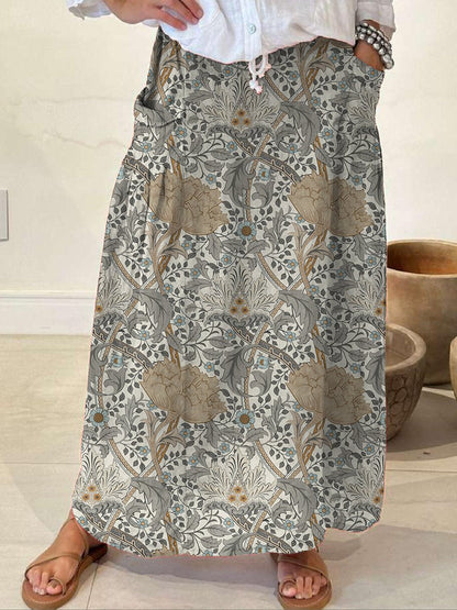 Women's Floral Art Nouveau Linen Pocket Skirt