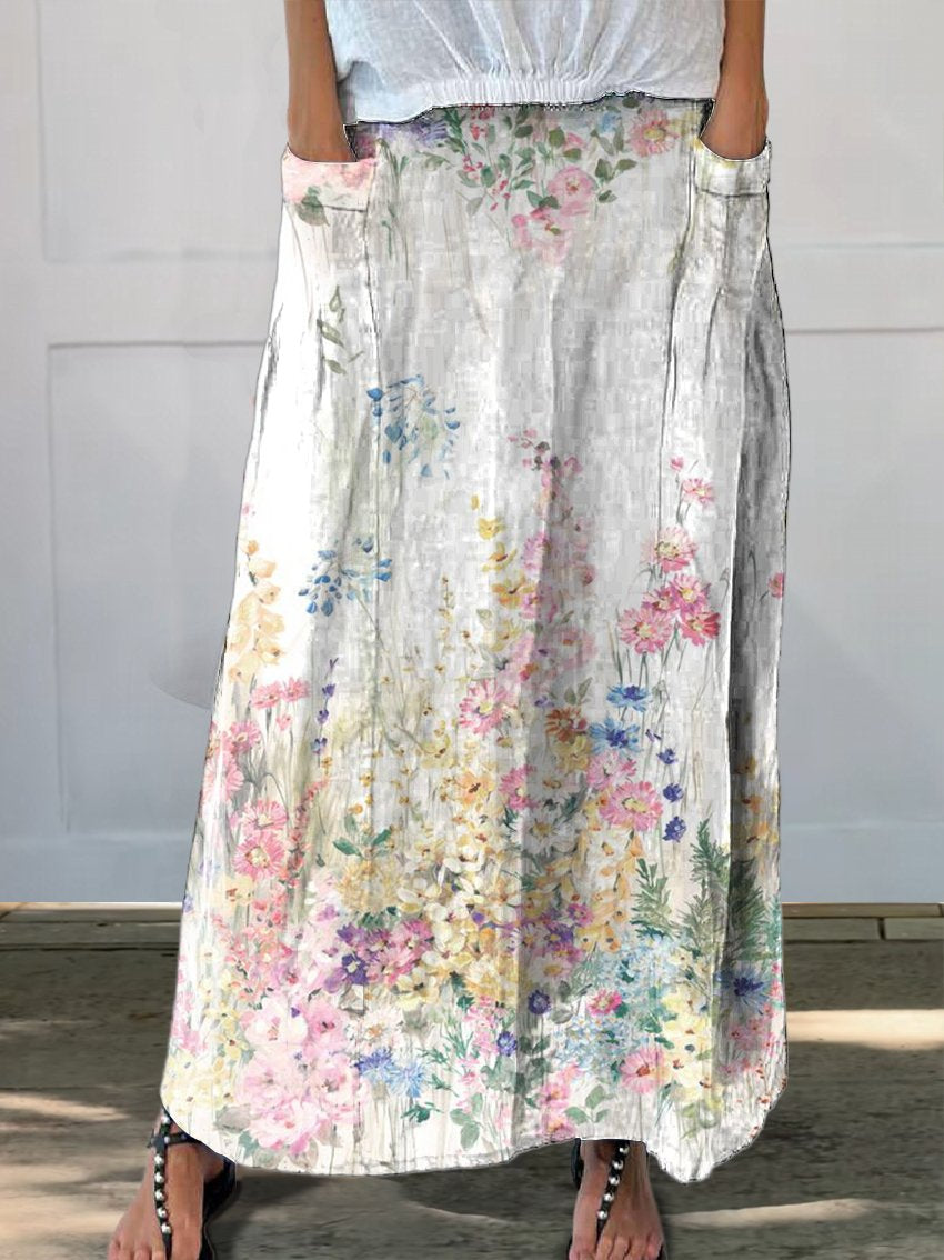 Women's Vintage Botanical Floral Linen Pocket Skirt