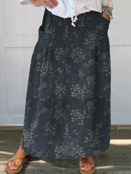 Women's Vintage Floral Linen Pocket Skirt